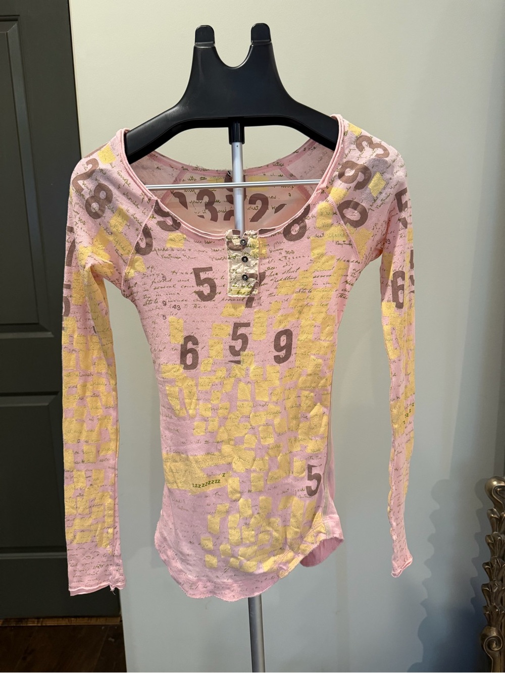 Free People Pink Yellow Graphic Long Sleeve Henley Small Boho Y2K Top